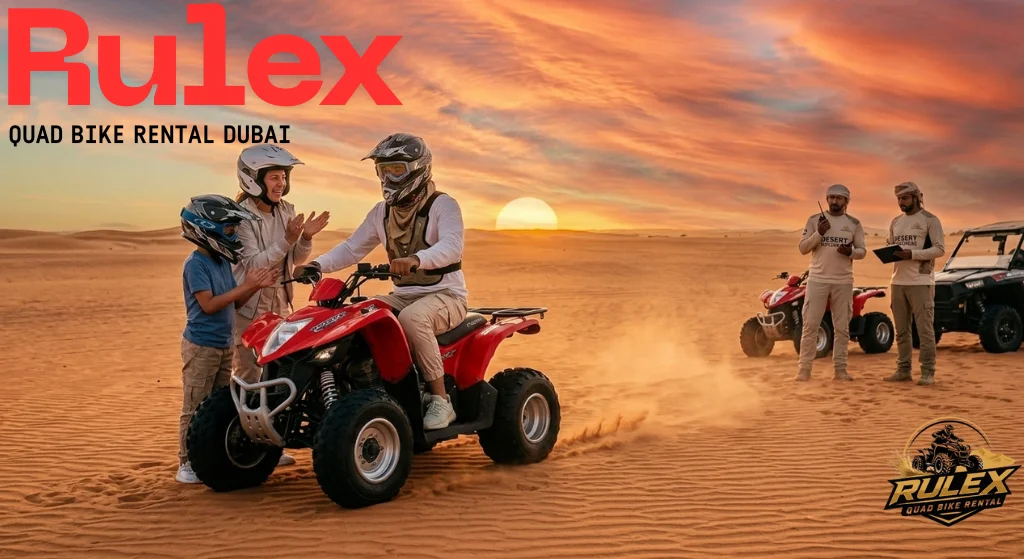 Beginner tourist riding quad bike in Dubai desert dunes wearing helmet and goggles with dust trail and wide golden sand landscape under blue sky