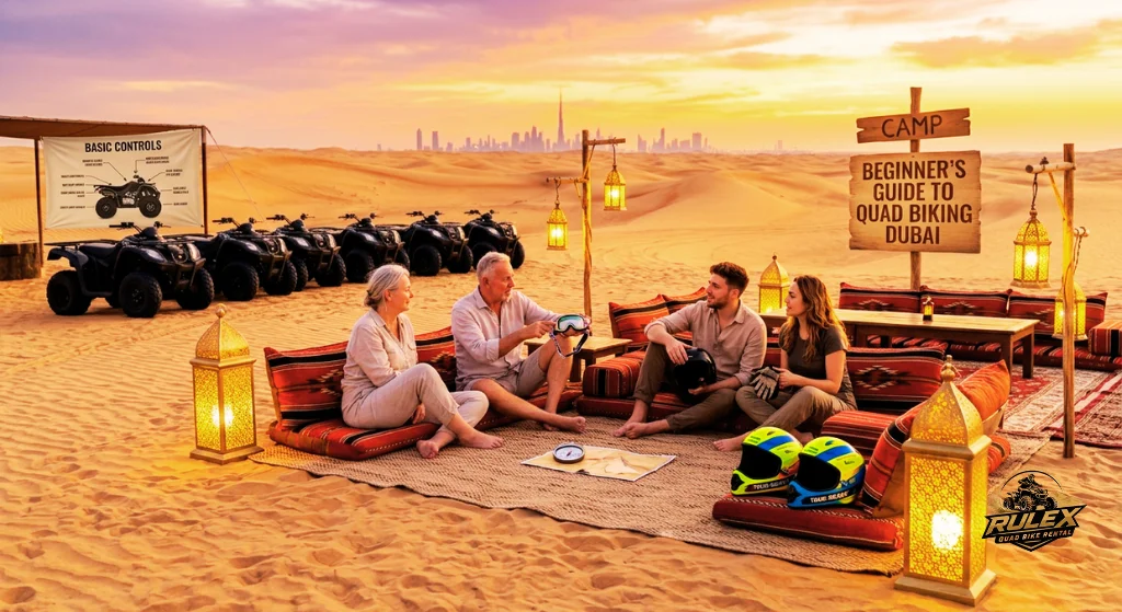 Beginners riding quad bikes through wide open Dubai desert dunes during a guided tour with golden sand and clear weather conditions