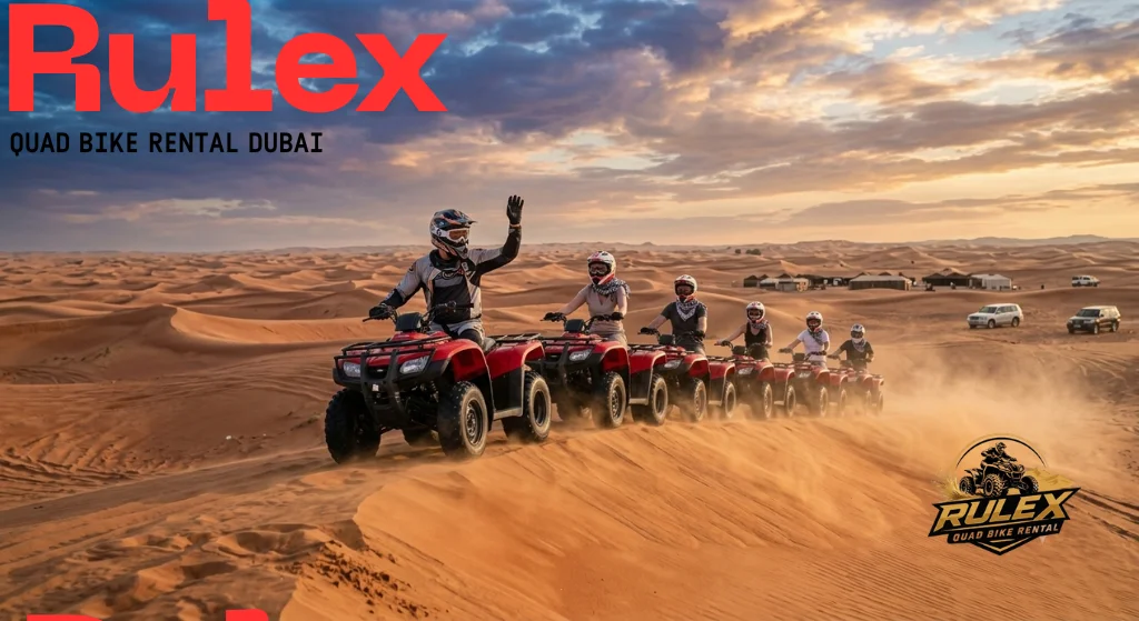 Family enjoying quad biking desert tour in Dubai with child parents helmets and guide in background during sunset safe guided adventure experience