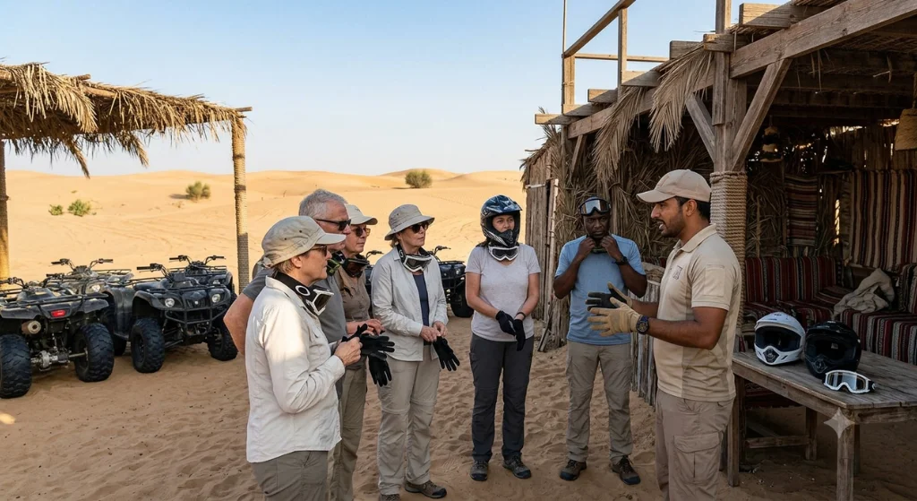 Group of tourists following a professional guide on quad bikes across Dubai desert dunes during sunset with helmets and scenic sand views