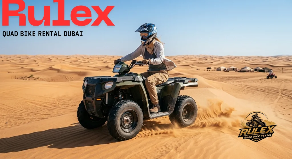 Group of tourists riding quad bikes in Dubai desert dunes guided convoy with instructor leading across sand hills under clear sky and dust trails