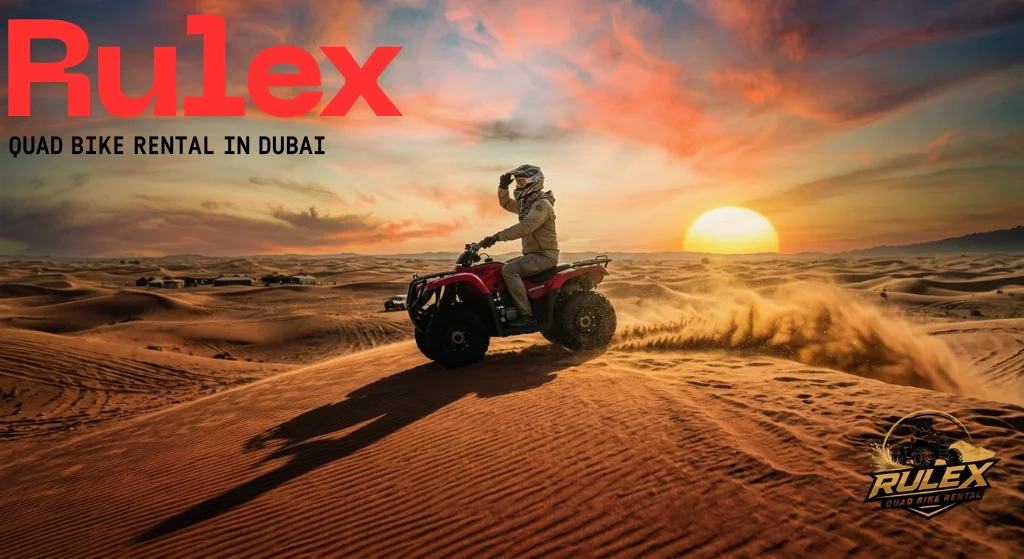 Quad bike rider on sand dune in Dubai desert during sunset golden sky glowing sand dust cinematic lighting and dramatic desert landscape view