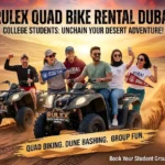 College students enjoying a Dubai desert safari with friends, exploring sandy dunes and outdoor activities during an exciting group adventure together.