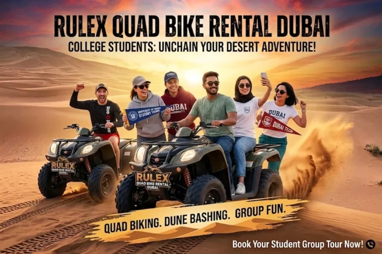 College students enjoying a Dubai desert safari with friends, exploring sandy dunes and outdoor activities during an exciting group adventure together.