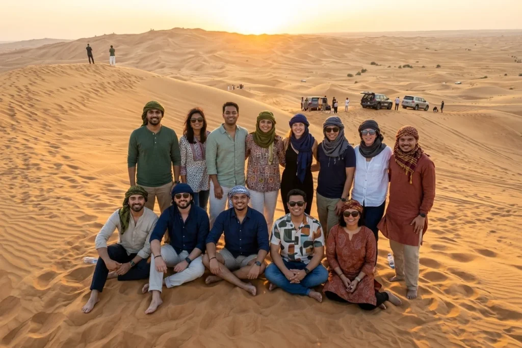 Desert Safari Dubai for College Students featuring friends enjoying dune activities, scenic desert views, and an exciting group adventure together.