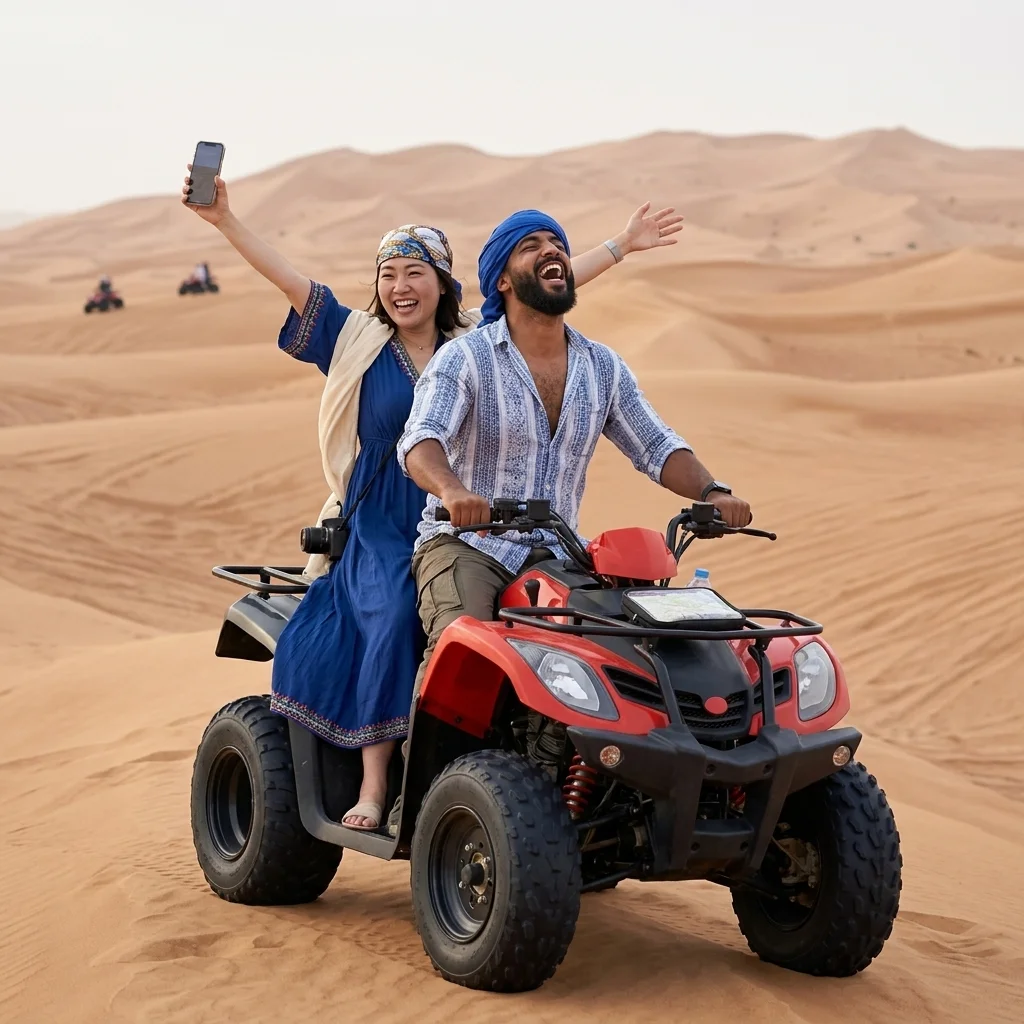 Rider navigating sandy dunes on an ATV during a Dubai desert adventure surrounded by open Arabian Desert terrain.