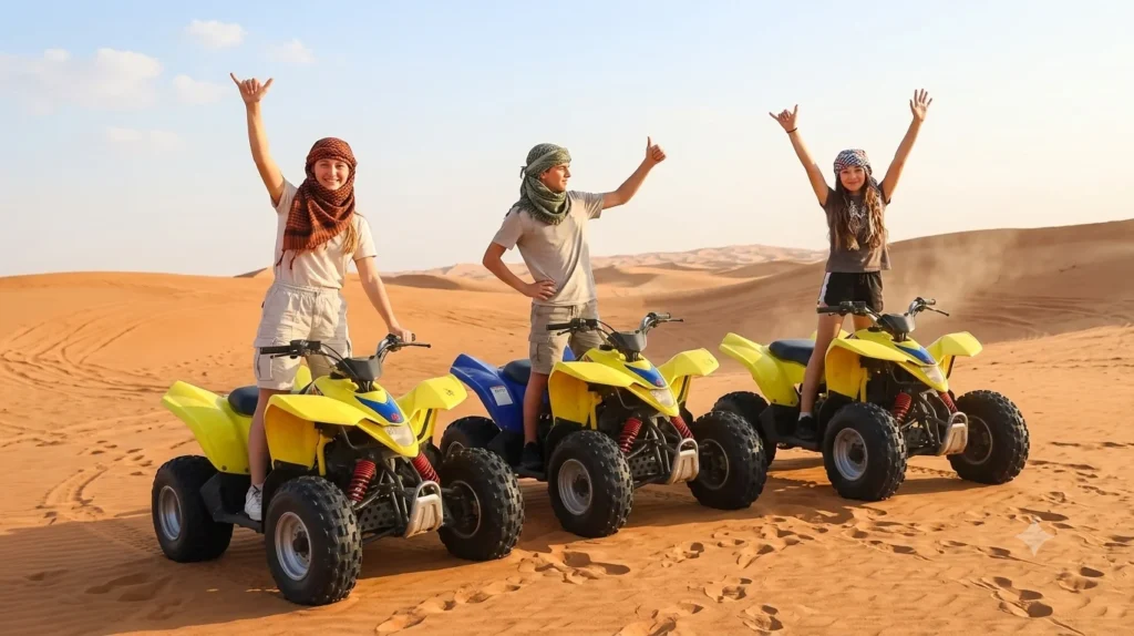 Kids Quad Biking Dubai: child riding a 70cc mini quad bike across red dunes under professional instructor supervision.