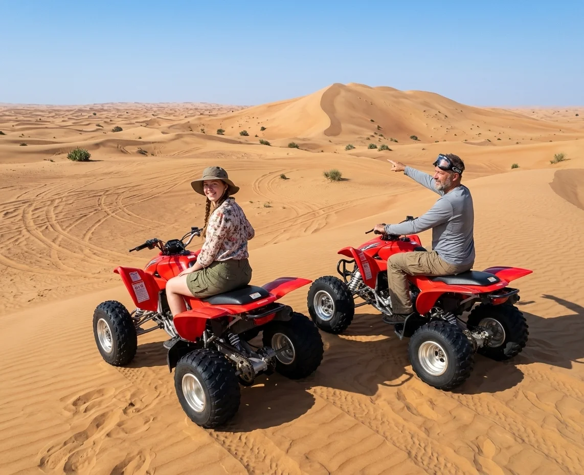 Quad bike rider exploring the sandy dunes of Lahbab Desert near Dubai during an exciting off-road desert adventure.