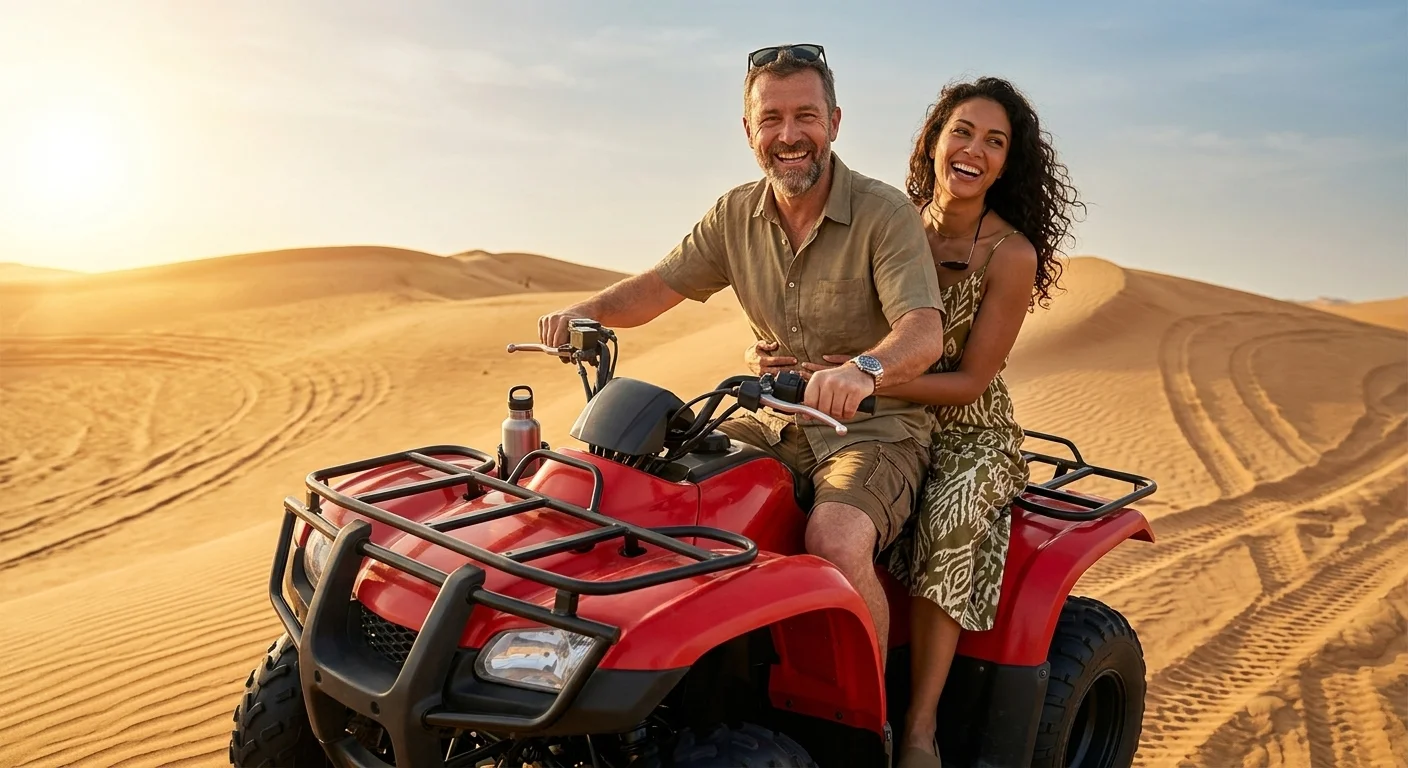 Quad bike rider enjoying an off-road desert ride across Dubai's golden sand dunes during an exciting outdoor adventure.