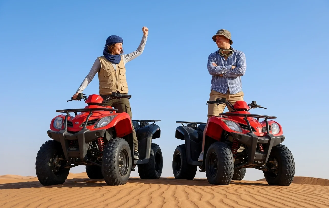 Quad bike ready for a Dubai desert rental experience, positioned on sandy terrain with rolling dunes visible in the background.
