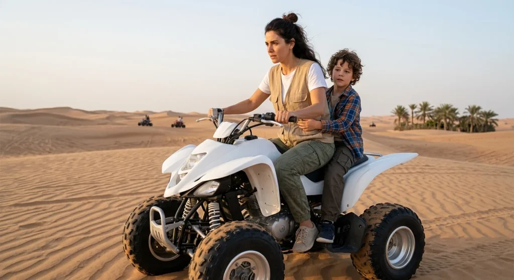 Quad bike rider receiving safety guidance before entering the Dubai desert, learning basic controls and responsible riding techniques for the dunes.