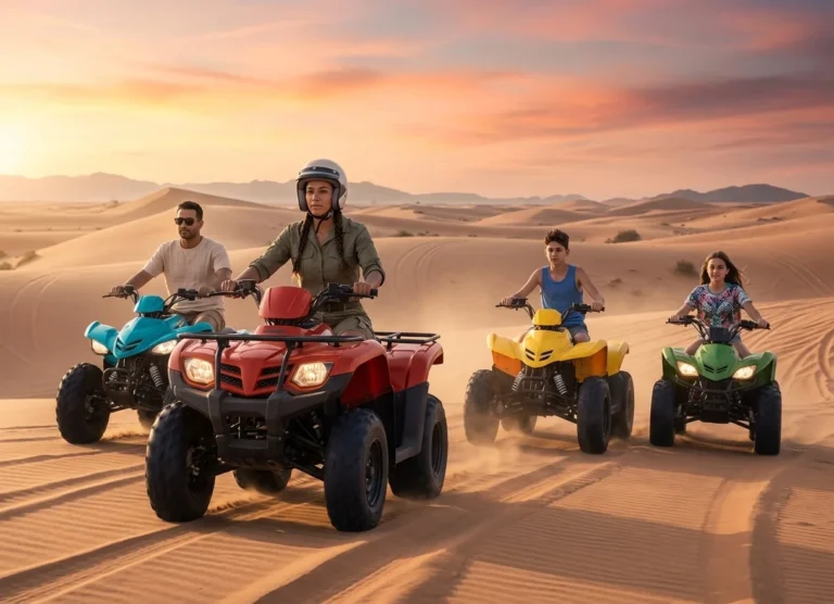 Quad biking tour in the Dubai desert with riders exploring golden dunes on powerful ATVs during an exciting guided outdoor adventure experience.