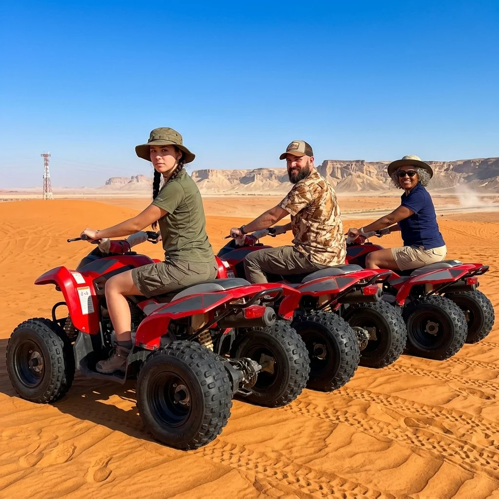 Rulex quad bike tour in Dubai featuring riders enjoying an outdoor desert adventure across sandy dunes with suitable bikes and safety guidance.