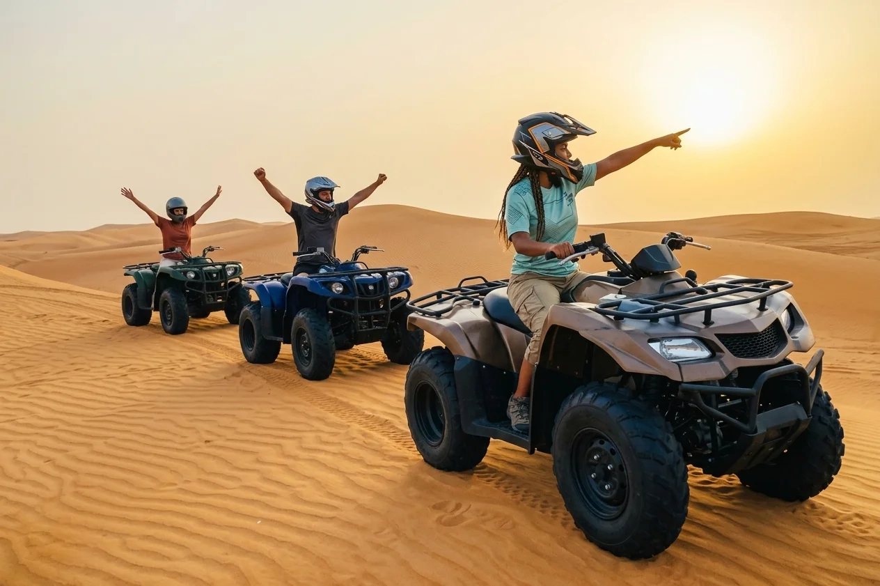 Rider controlling a quad bike across sandy Dubai desert terrain during a self-drive adventure among rolling dunes.