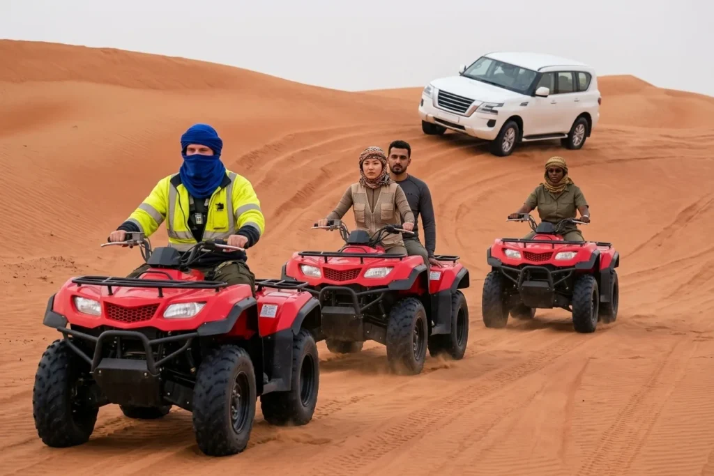 Quad biking across Dubai desert dunes in the morning